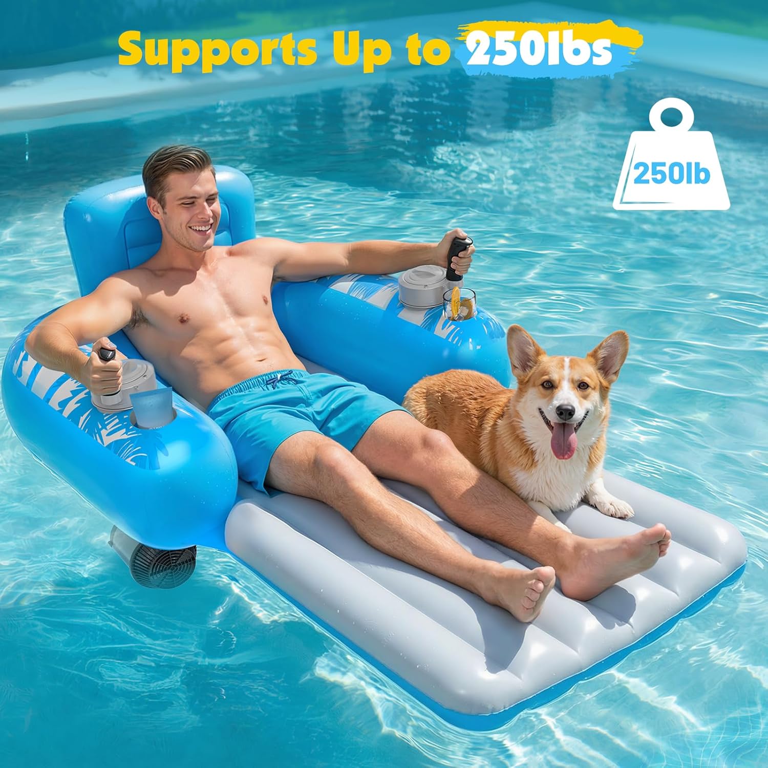 HopeRock Inflatable Motorized Pool Floats for Adults - Rechargeable Pool Lounger with Dual Motors & 2 Storage Compartments, Electric Water Lounger Float, Pool Raft Holds up to250lb, Pool Toys Adults - Image 5