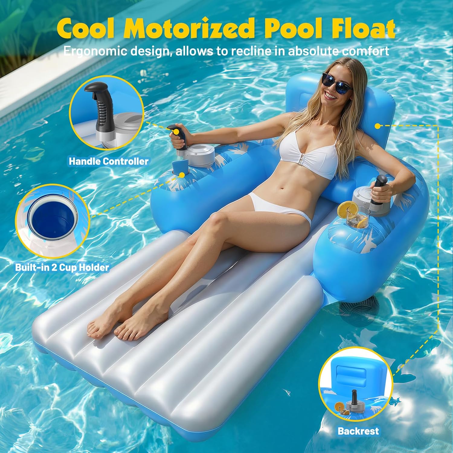 HopeRock Inflatable Motorized Pool Floats for Adults - Rechargeable Pool Lounger with Dual Motors & 2 Storage Compartments, Electric Water Lounger Float, Pool Raft Holds up to250lb, Pool Toys Adults - Image 3