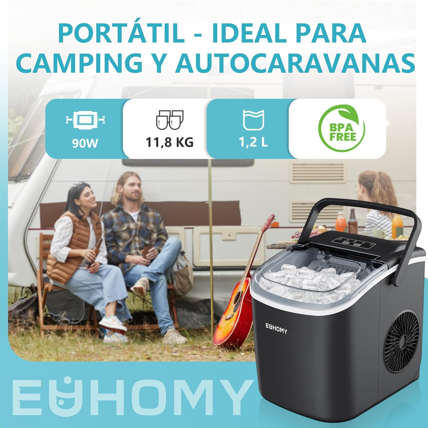 EUHOMY Ice Maker 12kg/24H, 9 Cubes in 6 Minutes, Self-Cleaning Ice Maker, 2 Ice Sizes, with Handle, Ice Shovel and Basket, Suitable for Home/Kitchen/Office/Bar Black - Image 7