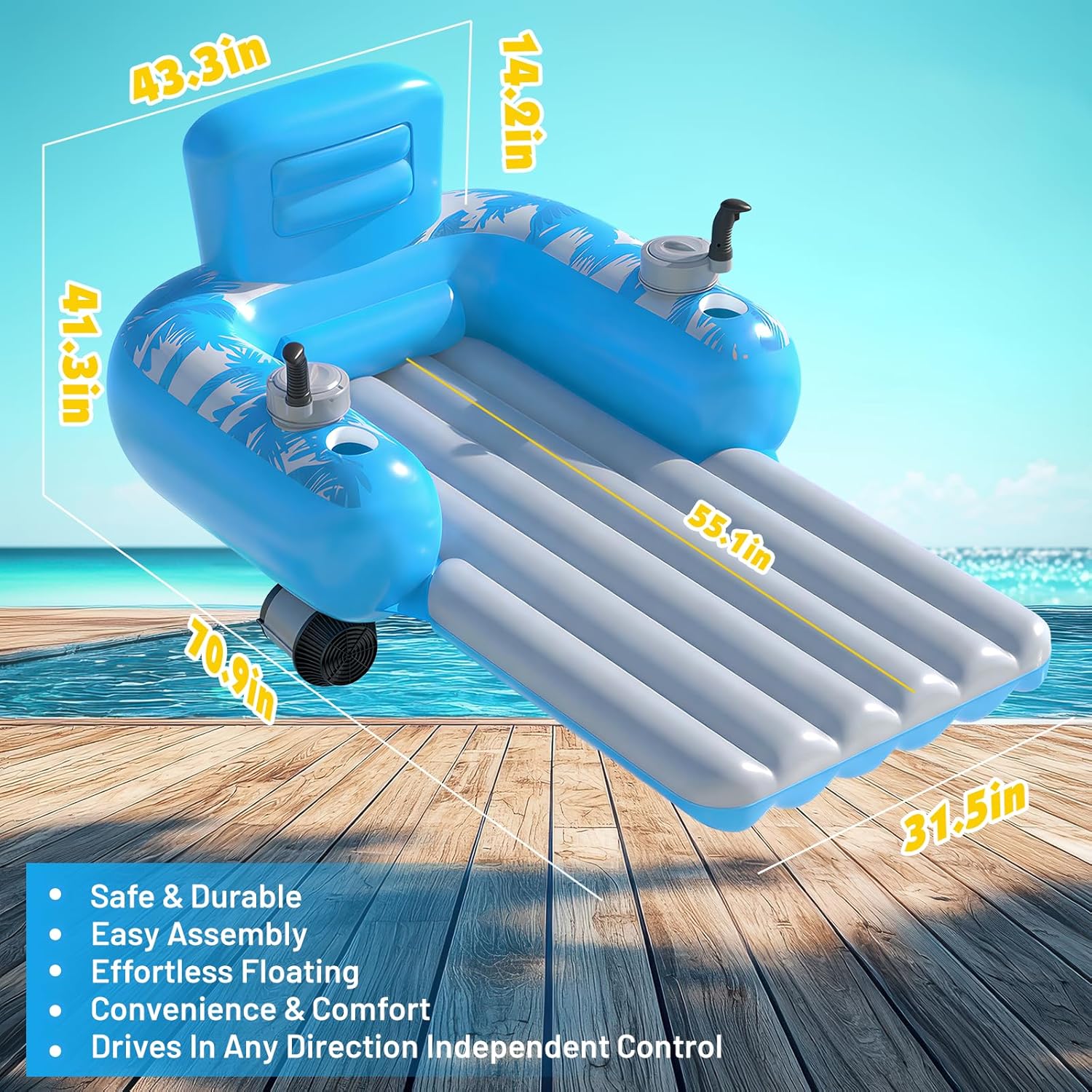 HopeRock Inflatable Motorized Pool Floats for Adults - Rechargeable Pool Lounger with Dual Motors & 2 Storage Compartments, Electric Water Lounger Float, Pool Raft Holds up to250lb, Pool Toys Adults - Image 4
